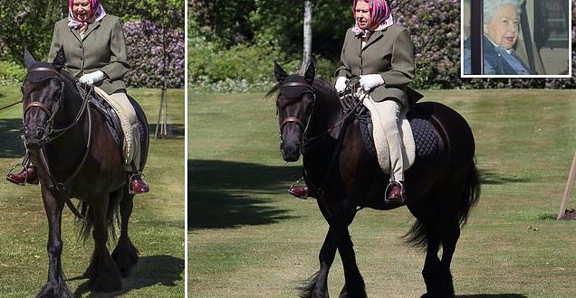 The Queen, 94, is seen in the saddle for first time since retreating to Windsor Castle 10 weeks ago