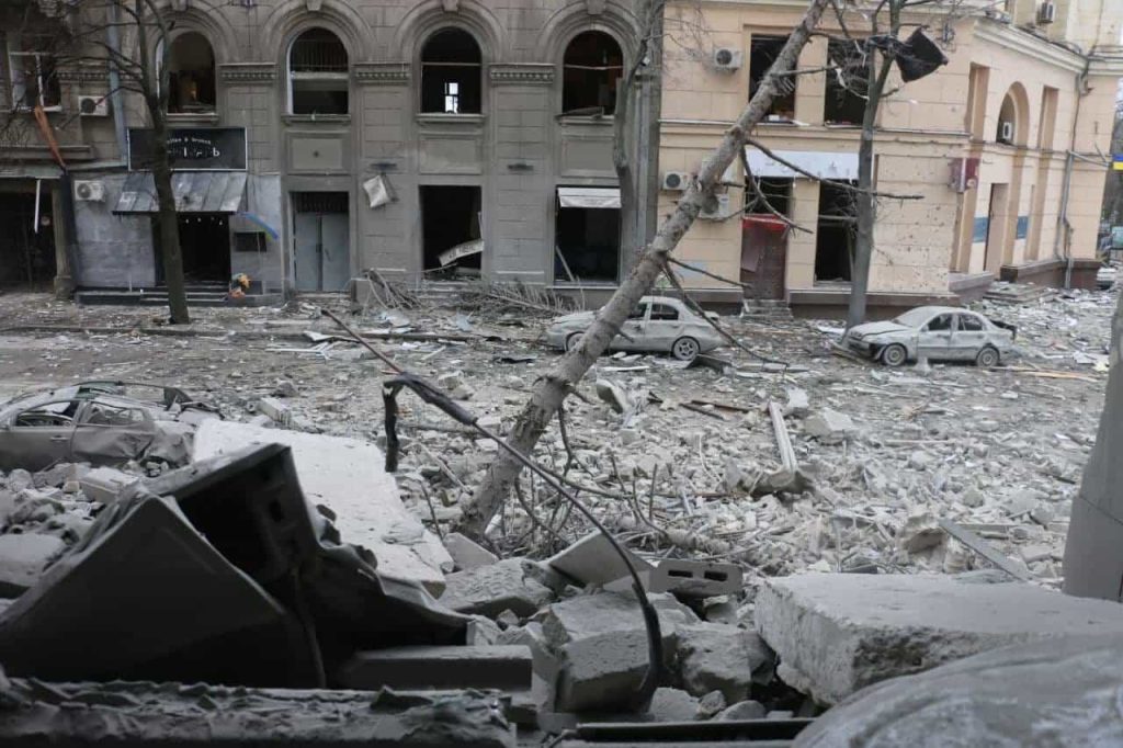 A downtown street in Kharkiv after Russian bombardment